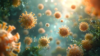 Aufkleber - Magnified Coronavirus Particles Floating in Bright Blue and Orange Background