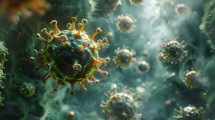 Fototapete - Magnified View of Coronavirus Particles of Microscopic Viral Structures in Detailed 3D Rendering