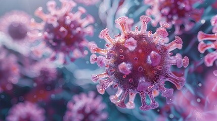 Poster - Magnified View of Detailed Pink and Purple Microscopic Coronavirus or COVID 19 Pathogen Structure