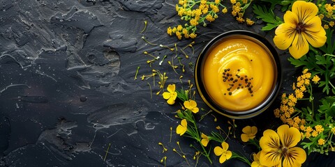 Wall Mural - bowl of yellow mustard surrounded by yellow flowers on a black background