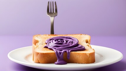 Wall Mural - Slice of toast with a symbol for a swimsuit and a lone, slender figure with a fork and knife on a purple dish against a white backdrop. Idea of exercise, a healthy diet, and getting ready for beach se