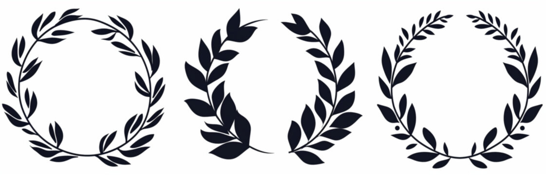 A set of black simple vector style laurel wreaths on a white background, using simple shapes, in the style of simple shapes.