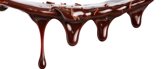 Wall Mural - Chocolate syrup drip, isolated on white background ,Flowing chocolate drops or drops of chocolate glaze isolated on a white background