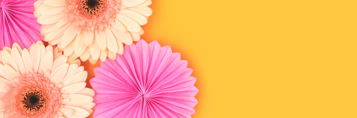 Wall Mural - banner with gerbera flowers and tissue paper fans on a yellow background.