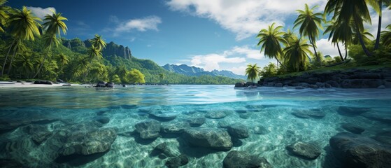 Wall Mural - Tropical island with palm trees and clear water, copy space,