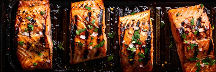 Wall Mural - four salmons are on a grill with herbs and seasonings on them