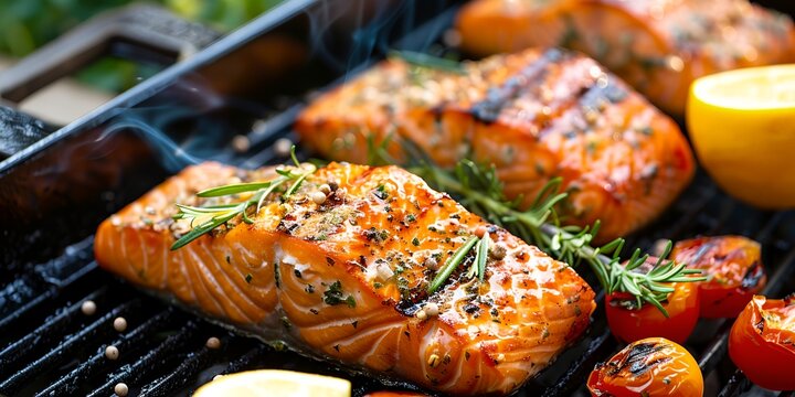 a grill with salmon and tomatoes