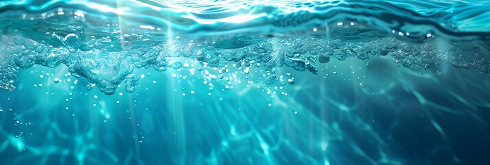 Poster - blue ocean with water bubbles and a sunbeam in the background