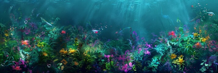 Wall Mural - Underwater garden of aquatic plants and flowers, using a variety of greens, teals, and vibrant colors to create a lush, otherworldly scene beneath the water's surface, ai generated