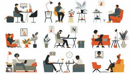 Wall Mural - A set of people working from home offices, a vector illustration in a flat style isolated on a white background