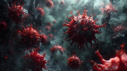 Fototapete - Microscopic View of Menacing Red Viral Organism Causing Global Health Crisis