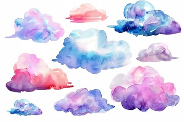 Wall Mural - a collection of watercolor clouds in different colors of pink, blue, and purple on a white background