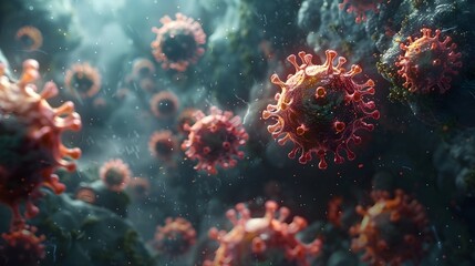 Aufkleber - Microscopic View of Novel Coronavirus Cells in Vibrant and Textured Backdrop Representing the Global Pandemic Challenge