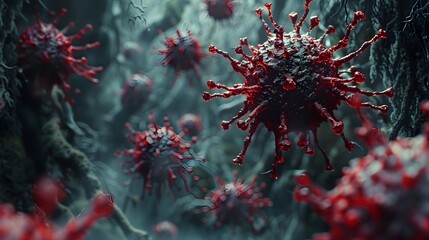 Leinwandbilder - Microscopic View of Ominous Viral Particle Outbreak Causing Global Health Crisis