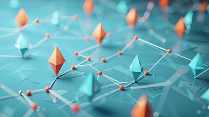 A blue and orange background with many small red and blue shapes