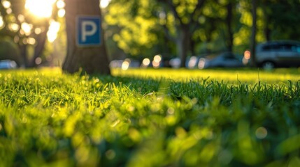 A green sign with the letters PA on it is sitting in a grassy field