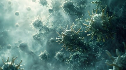 Fototapete - Microscopic View of Viral Microorganisms Causing Global Pandemic Outbreak