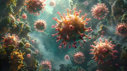 Aufkleber - Microscopic Viral Outbreak 3D Rendered Coronavirus Cells in Abstract Biological Landscape