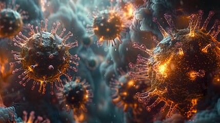 Fototapete - Microscopic Viral Outbreak Glowing Molecular Cell Structures in Dynamic Abstract Backdrop