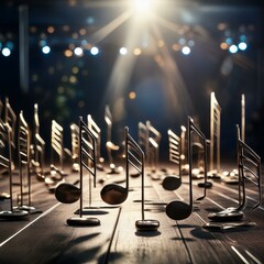 Aufkleber - dancing golden musical notes on wooden scene. Scene made of boards. Musical and melody concept