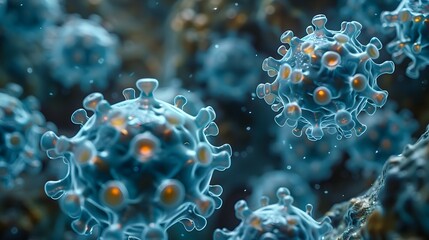 Aufkleber - Microscopic Viral Structures in Futuristic Blue Digital Landscape