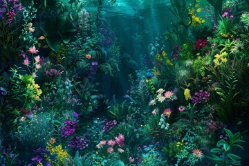 Wall Mural - Underwater garden of aquatic plants and flowers, using a variety of greens, teals, and vibrant colors to create a lush, otherworldly scene beneath the water's surface, ai generated