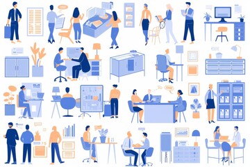 Poster - A collage depicting various office and business activities with flat design illustration style