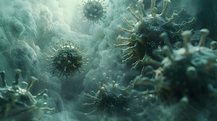 Poster - ominous microscopic virus cells spread in murky green and blue 3d digital