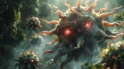 Poster - ominous microscopic virus or bacteria creature with glowing appendages