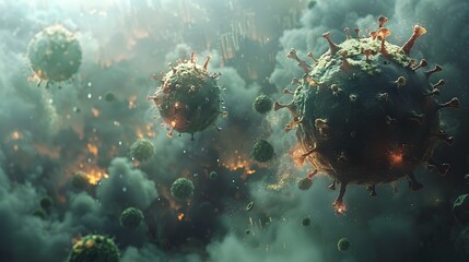 Poster - surreal microscopic pandemic outbreak of dangerous contagious microorganisms spreading globally