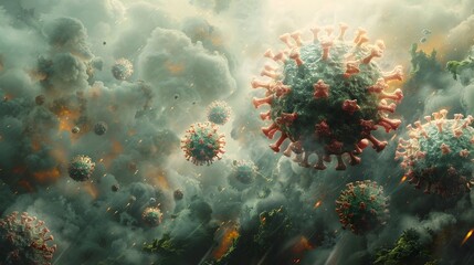 Poster - surreal microscopic view of covid 19 virus outbreak and global pandemic impact