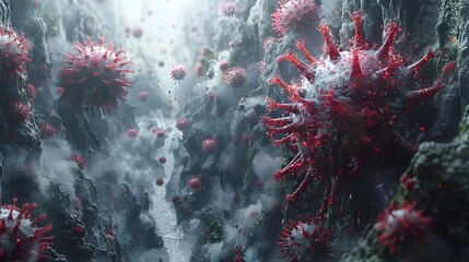 Poster - surreal microscopic virus outbreak scene with ominous red pathogen cells on dark gloomy background