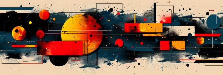 Poster - Vibrant Abstract Geometric Composition with Fluid Shapes and Intersecting Patterns in Contrasting Colors