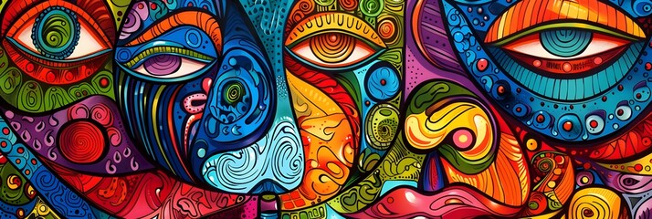 Aufkleber - Vibrant and Eclectic Psychedelic Digital Art with Surreal Faces and Patterns
