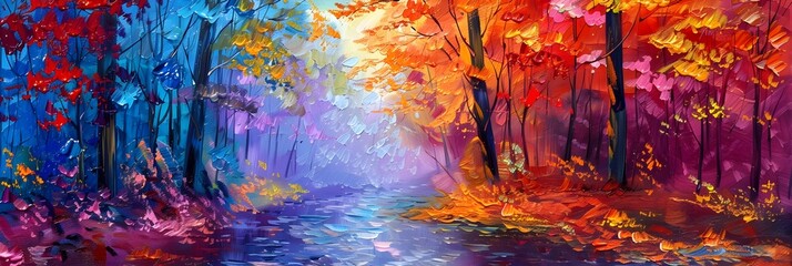Poster - Vibrant Autumn Landscape with Flowing River through Enchanted Forest
