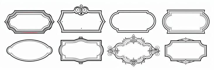 Black and white simple line art vector set of vintage blank labels with rounded corners, in the antique Victorian style, different sizes, white background 