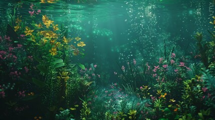 Wall Mural - Underwater garden of aquatic plants and flowers, using a variety of greens, teals, and vibrant colors to create a lush, otherworldly scene beneath the water's surface, ai generated