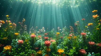 Wall Mural - Underwater garden of aquatic plants and flowers, using a variety of greens, teals, and vibrant colors to create a lush, otherworldly scene beneath the water's surface, ai generated