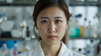 Wall Mural - serious female scientist in lab. young female scientist with a serious expression standing in a labo