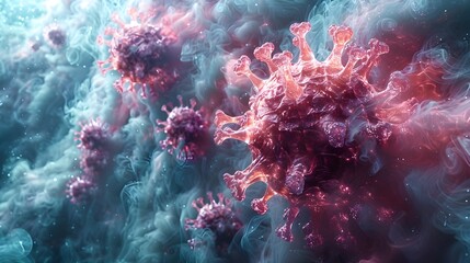 Poster - Vibrant Microscopic Virus Structure Against Surreal Digital Backdrop for Science and Healthcare Concepts