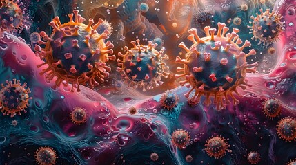 Poster - Vibrant Microscopic Virus Outbreak with Energetic Cellular Structures