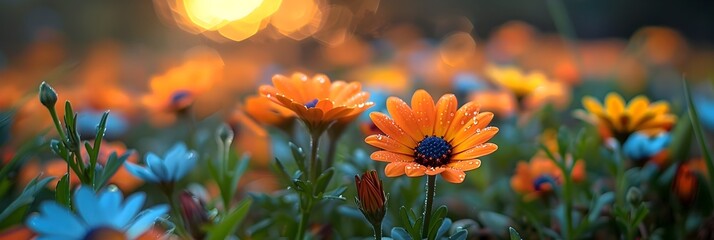 Aufkleber - Vibrant Orange Daisies Blooming in Warm Sunlight of Scenic Meadow Landscape