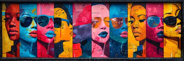 Poster - Vibrant Mural Depicting Expressive Abstract Faces with Bold Colors and Patterns