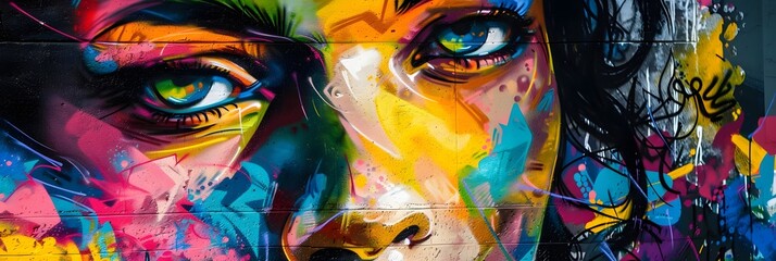 Poster - Vibrant Portrait of an Expressive Woman Amid Colorful Graffiti Mural in Urban Setting
