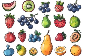 Poster - Vibrant Doodle Icons of Diverse Fruits and Produce on White Background Conveying Healthy Natural and Sustainable Lifestyle Concepts