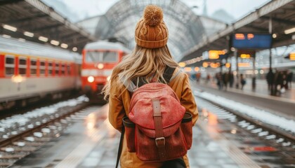 A woman standing on a platform at a bustling train station, with a train arriving in the background.