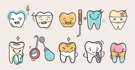 Wall Mural - Dental care, dental clinic and teeth treatment icons set in simple line art style with black outline vector illustration on white background