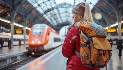 A woman standing on a platform at a bustling train station, with a train arriving in the background.