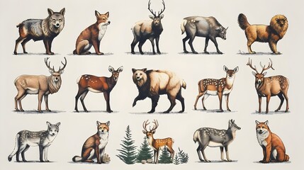 Diverse Land Animals Collection in Graphic Style on White Background