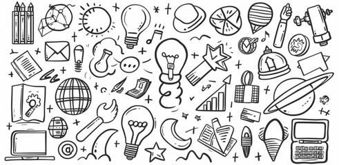 Sticker - Doodle business icons, hand drawn vector illustrations of doodle symbols for technology and innovation concepts in an office work environment on a white background.